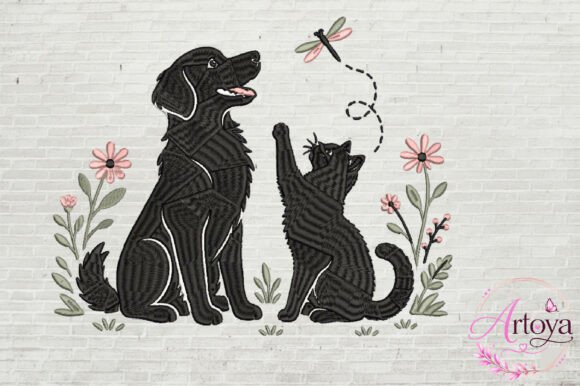 Black Dog and Cat Embroidery Design