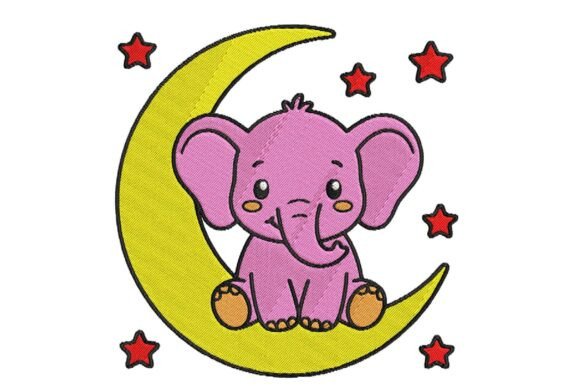 Cute Elephant Moon Embroidery Design