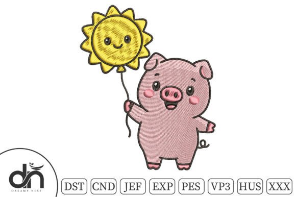 Cute Pig Sun Balloon Embroidery Design