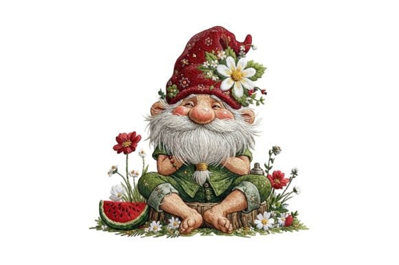 Sitting Summer Gnome Embroidery Design